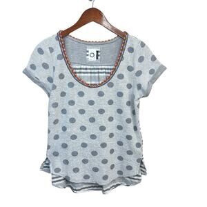 Anthropologie Gray Polka Dot Short Sleeve Tee with Braided Neck Trim